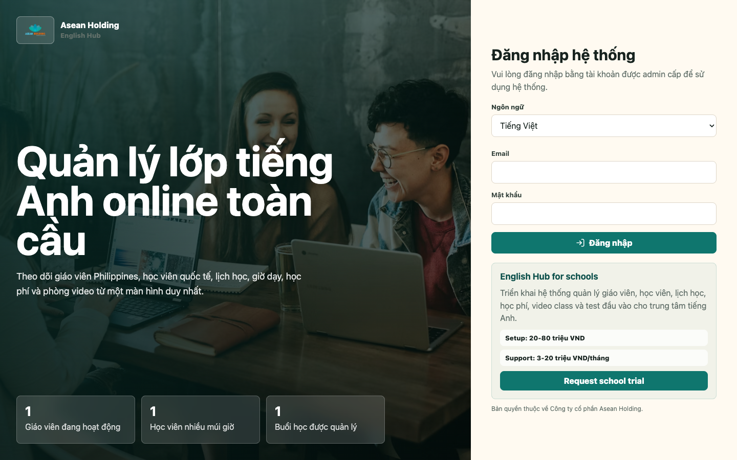 Giao diện thực tế English Hub đang vận hành